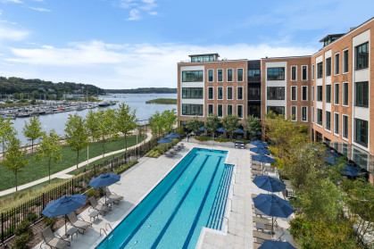 A view of the pool at The Beacon at Garvies Point in Glen Cove, NY